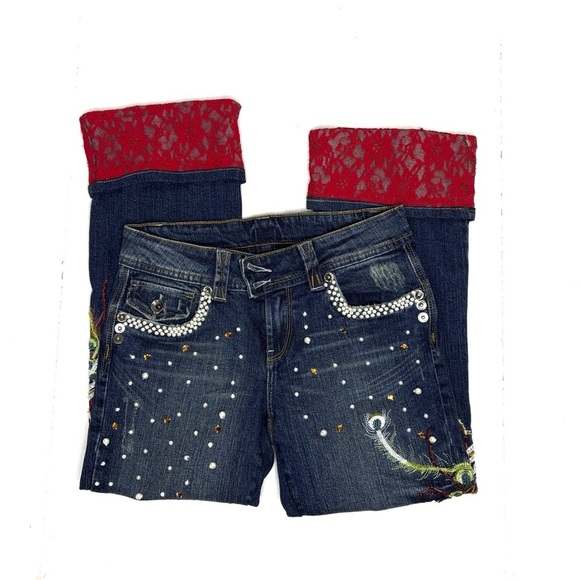 Vintage Y2K Upcycled Peacock Red Lace Cropped Cuff Jeans - Picture 2 of 8